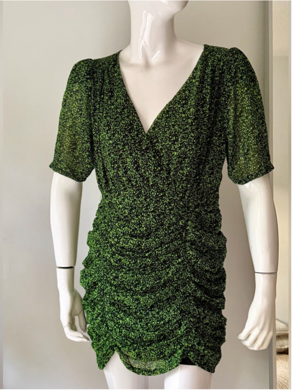 Sandro Black & Neon Green Ruched Mini Dress